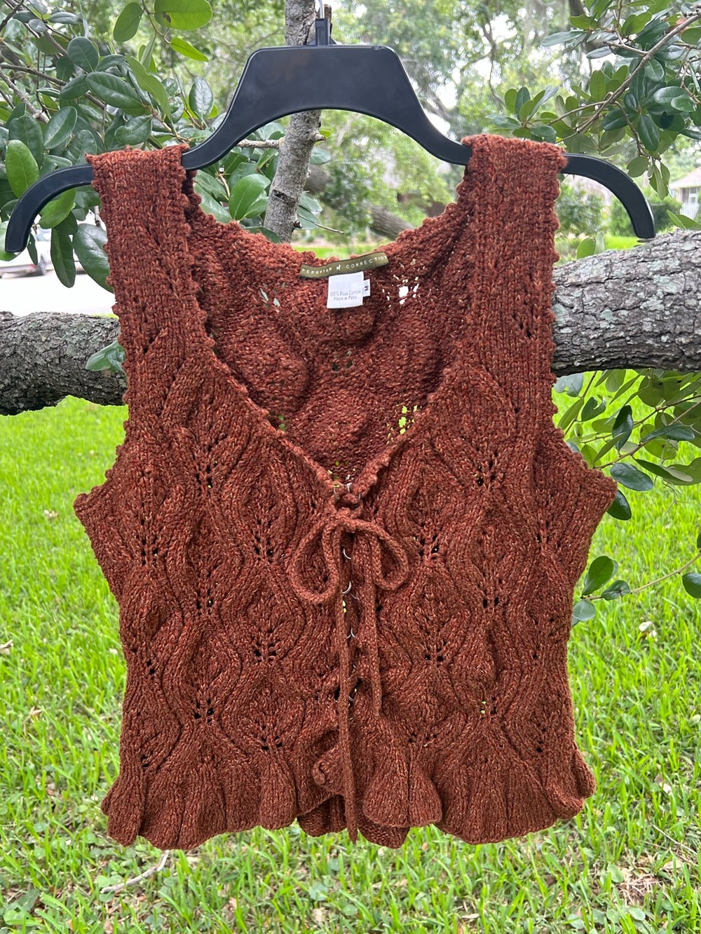 Peruvian Connection Brown Crochet Knit Sleeveless Cardigan
